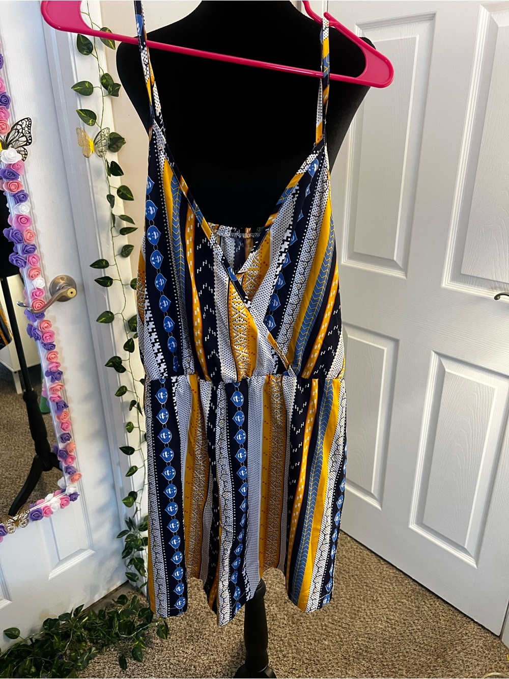 SHEIN Navy Blue White Mustard Striped V-Neck Spaghetti Strap Romper